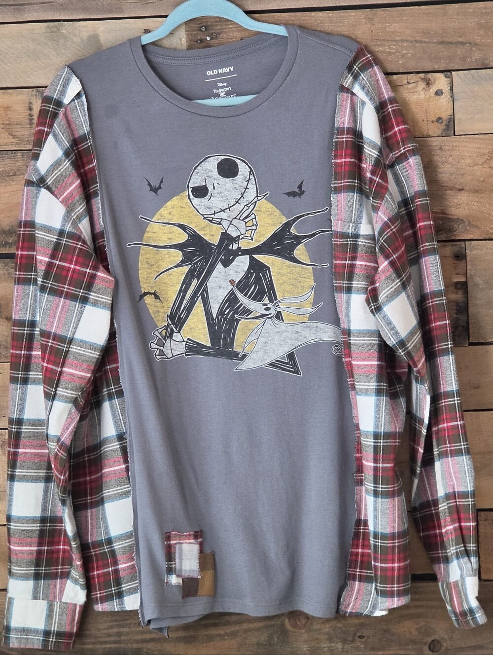 Upcycled  Graphic T-Shirt with Plaid Sleeves